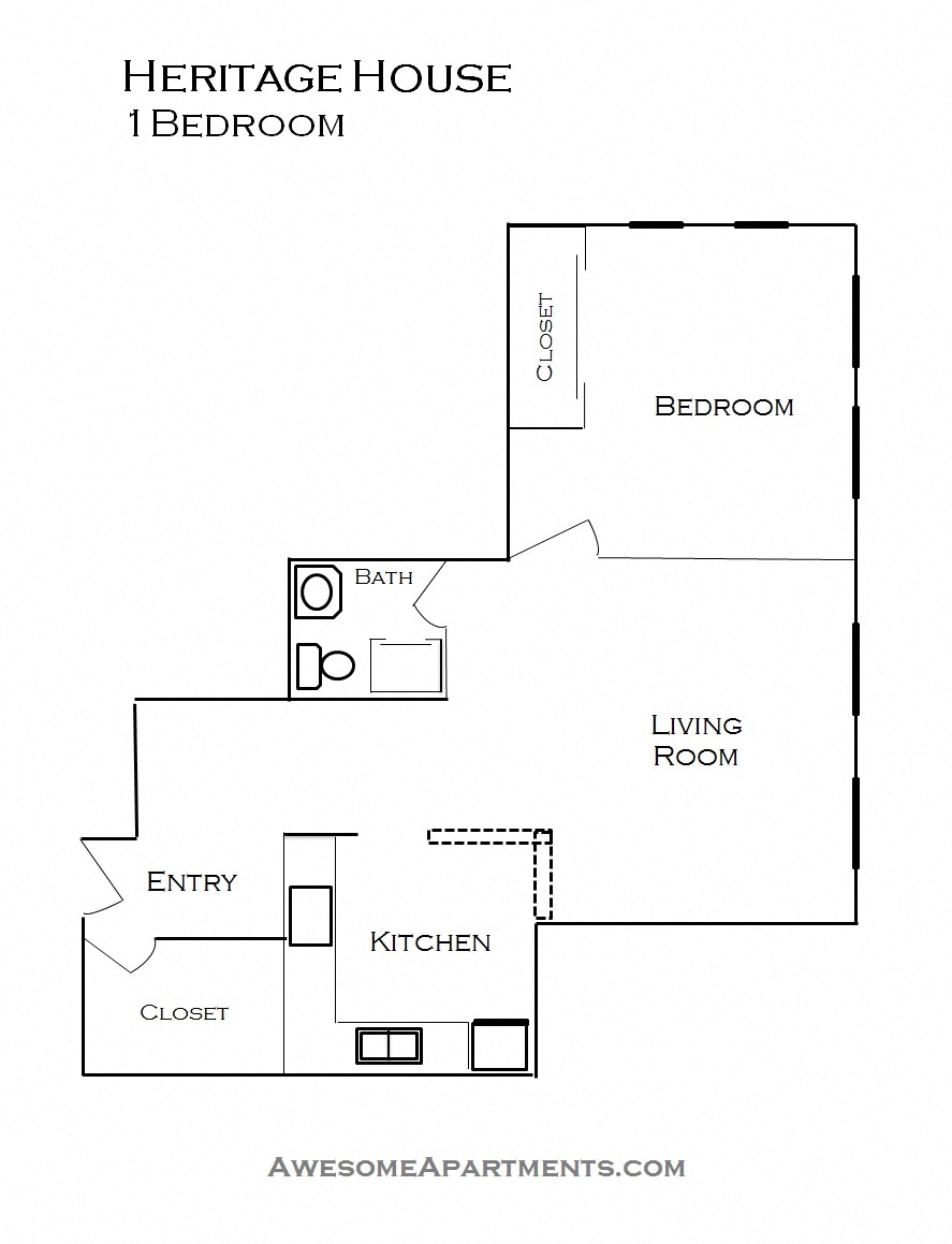Floor plan for 1 bed, 1 bath, 675 sqft